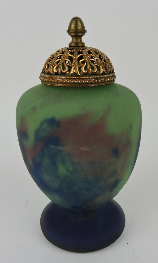 Mueller Fres Luneville French cameo: potpourri jar with decorative brass cover, 6 1/4"