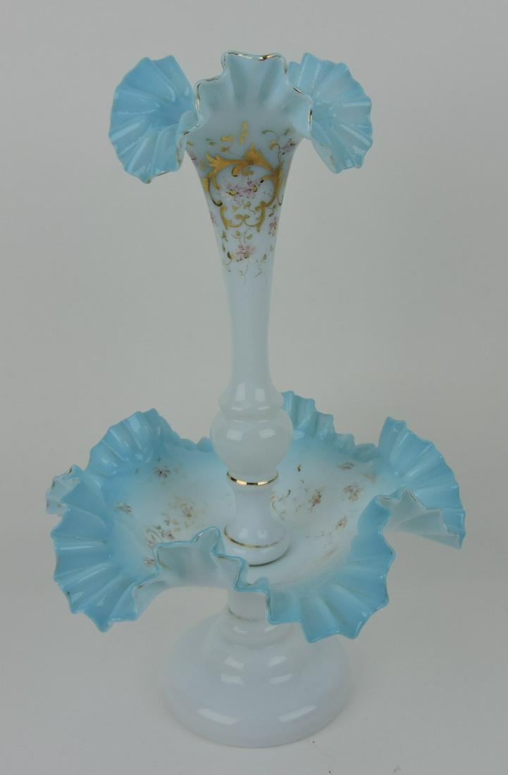Bohemian blue cased glass 15" epergne: .