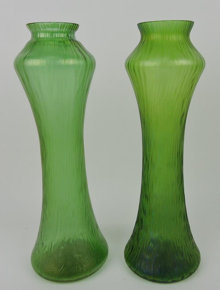 Loetz style pair of green iridescent: art glass 12 1/2" vases