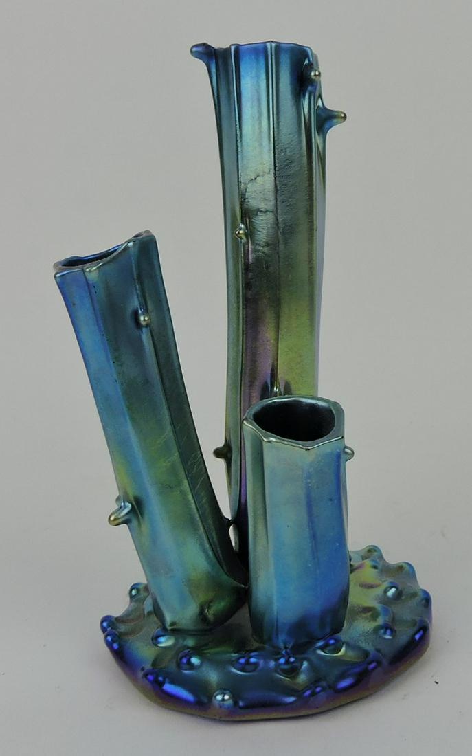 Steuben blue Aurene art glass triple: hole tree trunk bud vase,6 1/4"