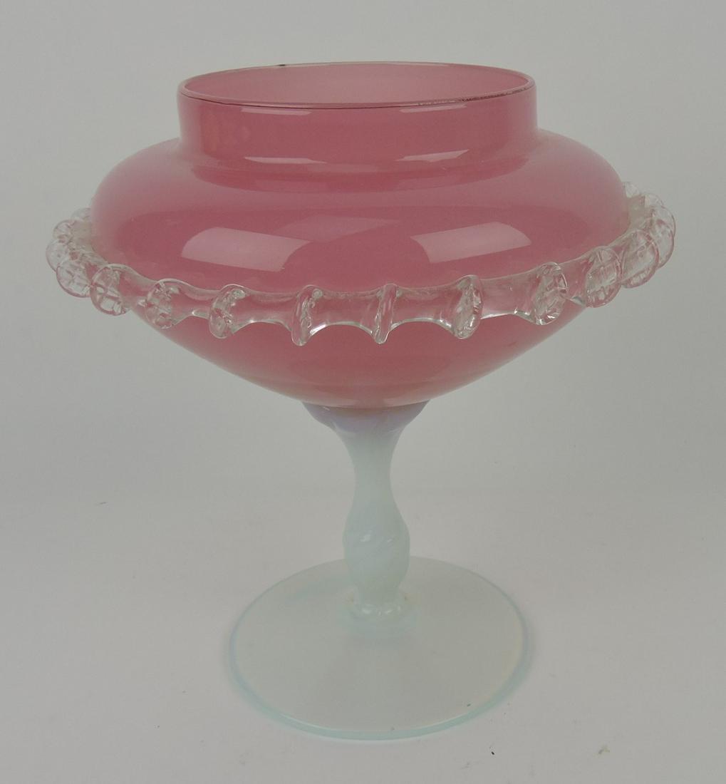 Steuben (attributed) pink art glass compote: (unsigned), 8"