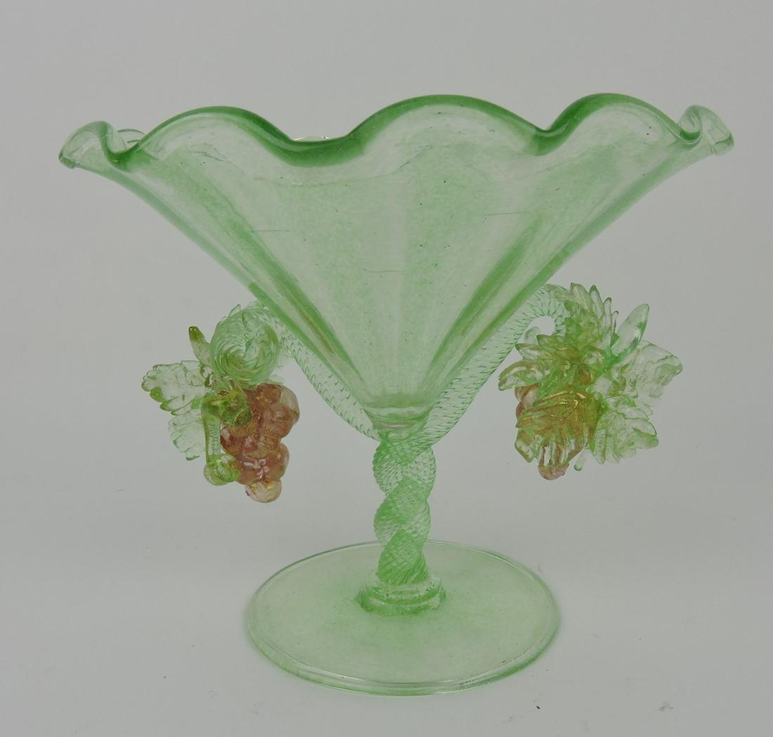 Venetian green art glass compote with: grape and vine handle, 7"