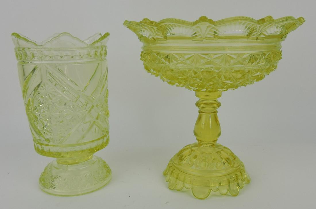 Vaseline glass celery vase and compote,: 7 1/4" & 7 1/2"