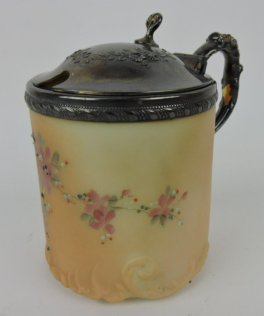 Mt. Washington burmese jelly pot with: hinged lid and floral enamel, 4"
