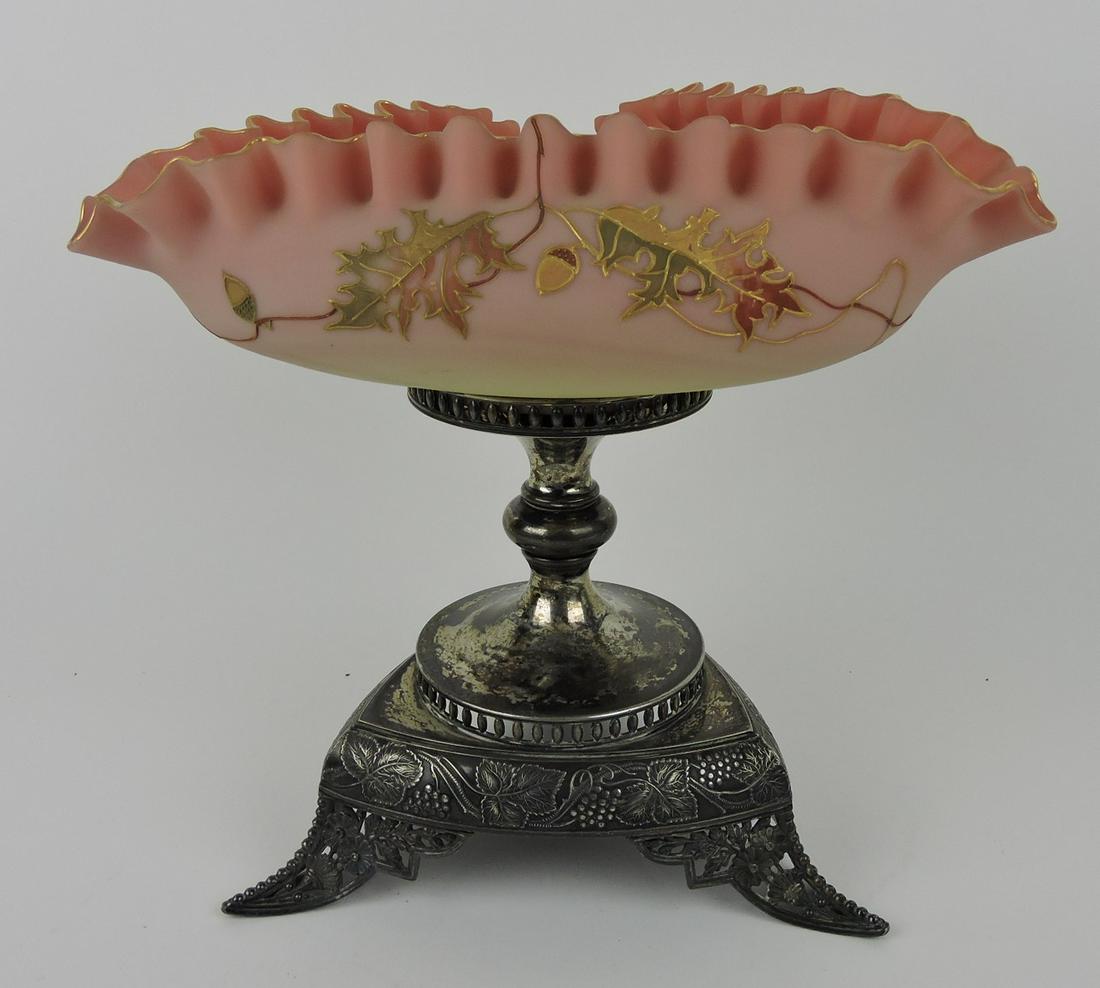 Mt. Washington burmese tri-cornered: bride's bowl decorated with oak leaves and acorns in original Pairpoint tri-corner frame, 11"h, 10 3/4"w