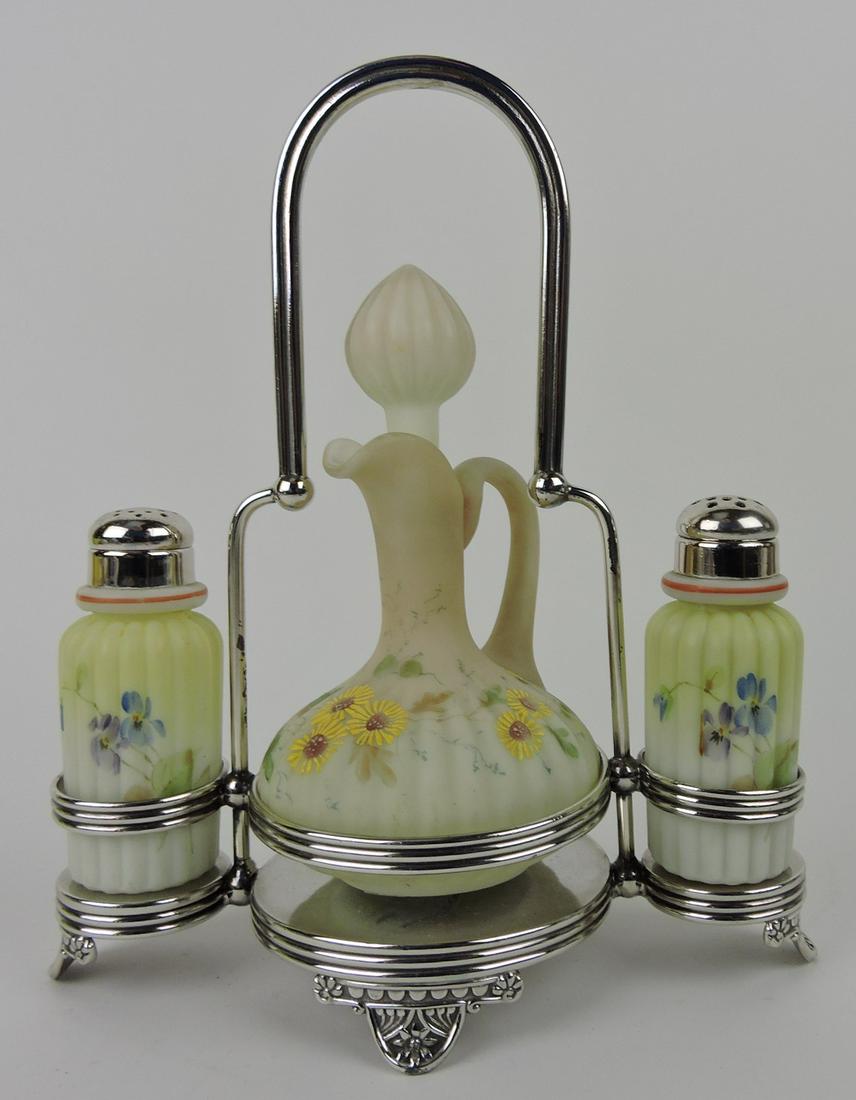 Mt. Washington ribbed cruet set with: floral enamel cruet and salt/pepper in Pairpoint silver plate frame