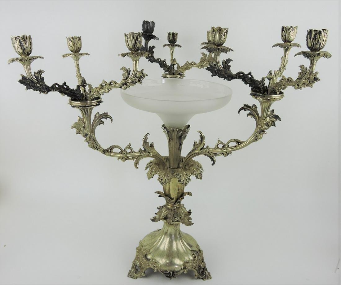 Silver plate 9 lite candelabra with: frosted center bowl, registry hallmarks, 23"h, 23"w