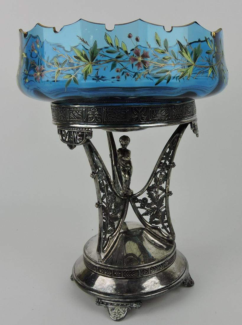 Blue floral enameled bride's bowl with: Pairpoint silver plate holder with cherubs, 12"h, 9 1/2"d
