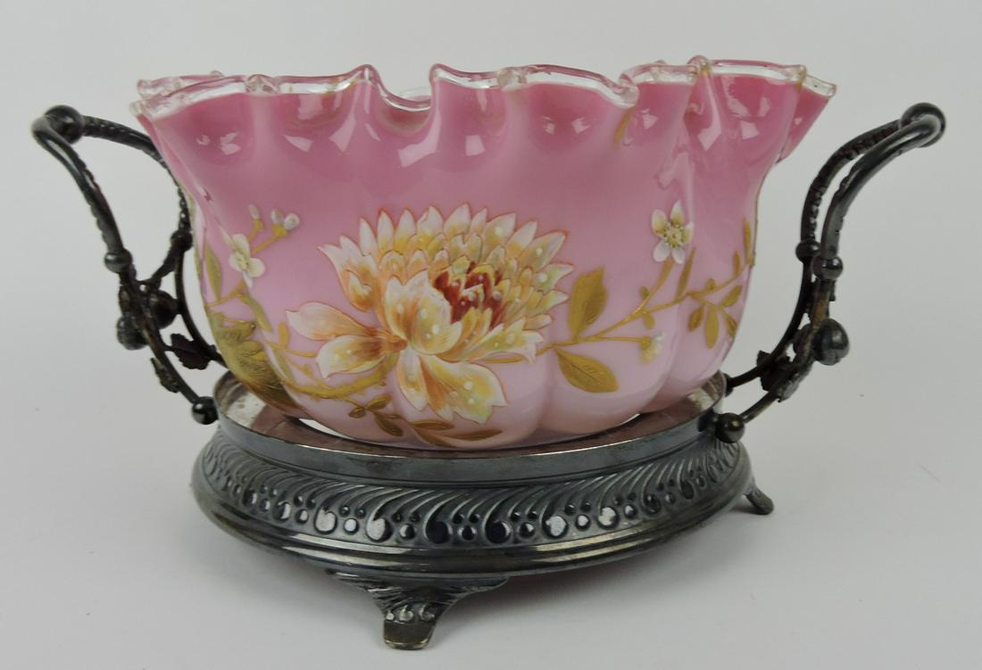 Pink cased glass floral enamel bride's: bowl with ruffled rim in two handled Pairpoint silver plate frame, 13"w, rim repair to bowl