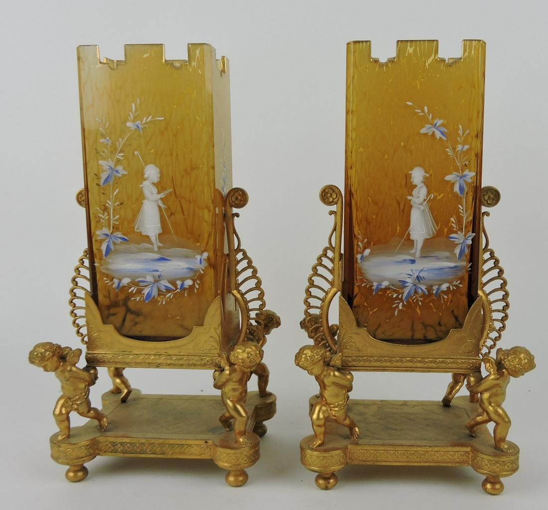 Victorian pair of rectangular mantle: vases with Mary Gregory decor, Simpson, Hall & Miller gold wash frames with cherub corners, 11"