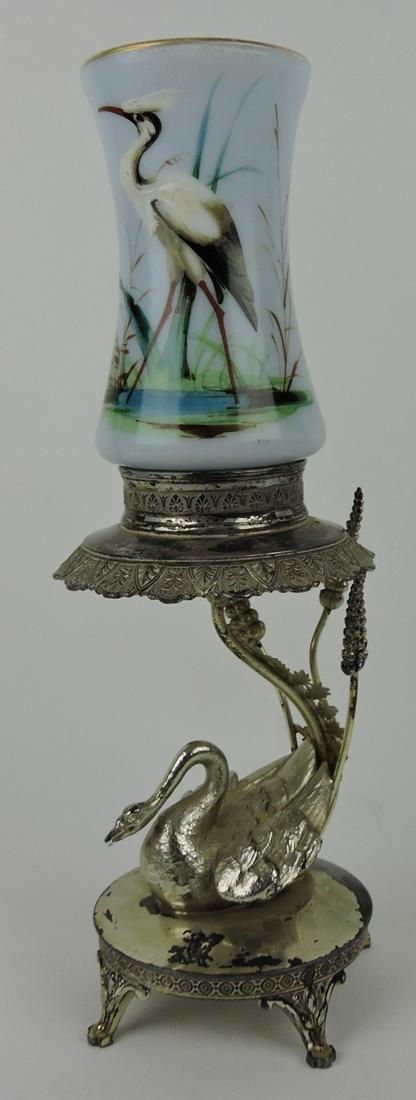 Victorian mantle vase with stork decorated: vase in Meriden silver plate frame with swan, 13 1/2"