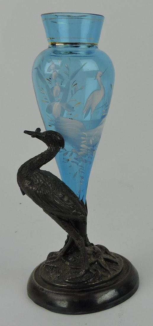 Victorian mantle vase with blue glass: epergne vase with stork in silver plate frame with stork, 8"