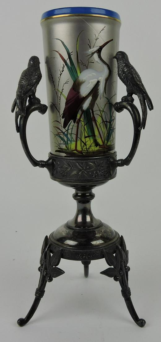 Victorian mantle vase with stork decorated: vase in Meriden silver plate frame with 3 birds, 10 1/2"