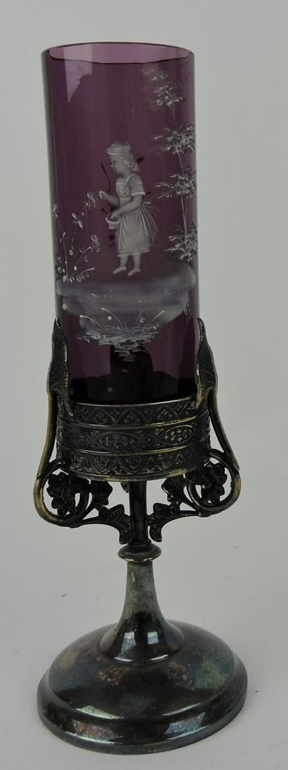 Victorian mantle vase with amethyst Mary: Gregory vase in silver plate frame, 9"