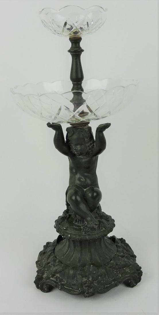 Victorian cherub table center with two: tier cut glass bowls, 17"