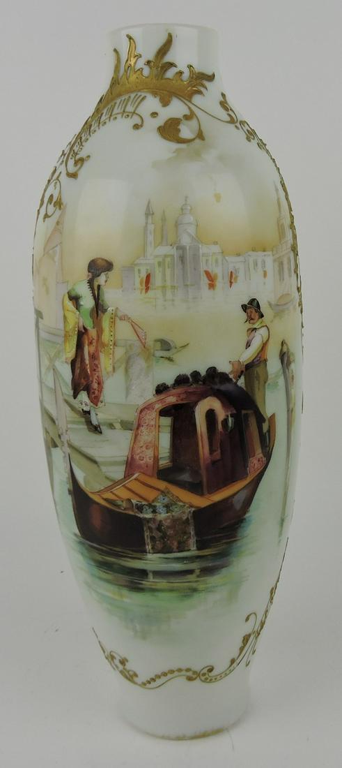 Mt. Washington Colonial ware 15" vase: with scene of gondola, gondolier and young maiden, lacking handles, signed