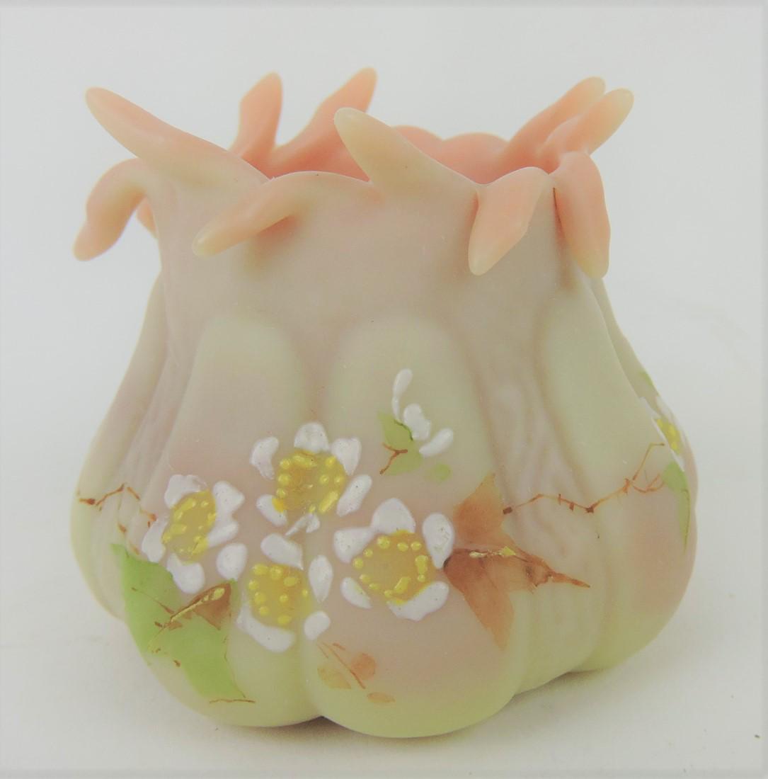 RARE RARE Mt. Washington burmese tiny: fingers floral enamel toothpick holder, fig mold, very rare, 2"