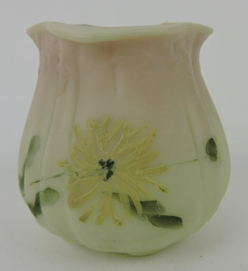 RARE Mt. Washington burmese footed: lobe floral enamel toothpick holder, 2 1/4"