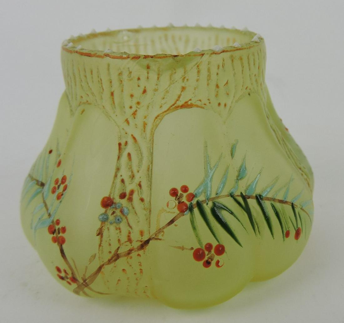 RARE Mt. Washington fig mold floral: enameled toothpick holder with rare beaded top, missing a few beads on top, rim chip to top rim 2"