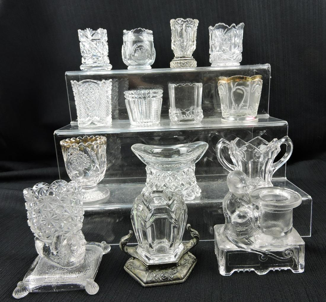 Toothpick holder lot of 14: clear glass,: cut glass, NTHCS, wheat & burr, Heisey Fandango, Orient, Carnation, Petticoat hat, Fostoria Sweet 16, cat on cushion, Fostoria Alexis, monkey with hat, and others