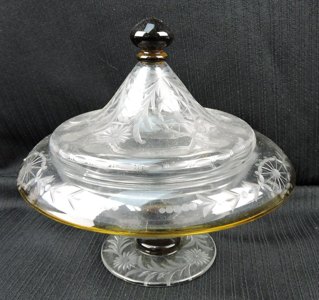Pairpoint covered bowl with topaz rim,: Waterford etching, 6 1/2"h