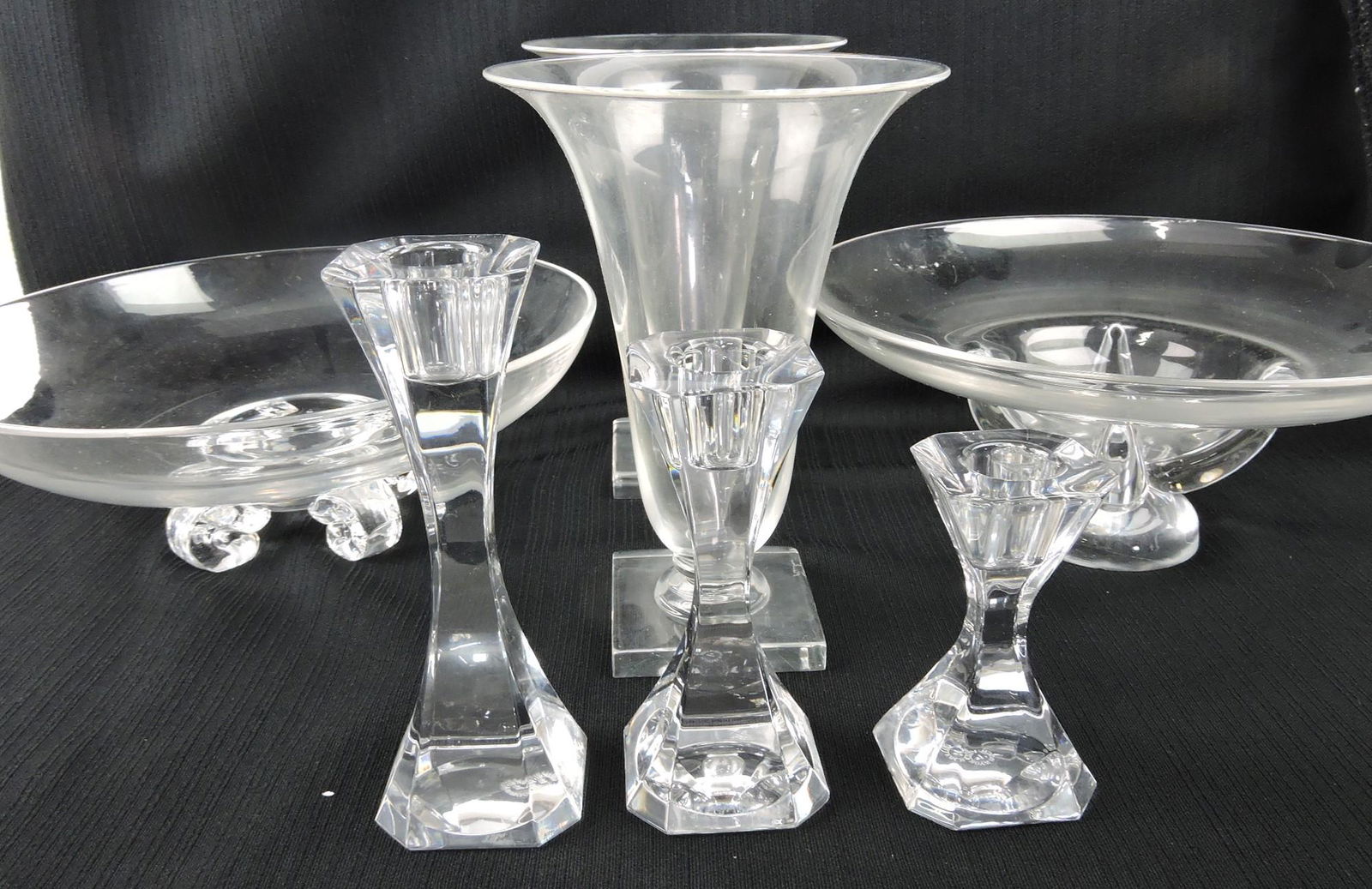 Steuben crystal 10 1/2" bowl, pair of: 8" vases, unsigned 11" bowl, set of 3 Villeroy & Bach candle holder