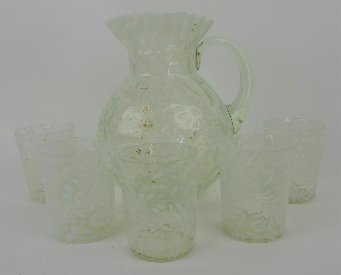 Daisy and fern opalescent pitcher and: 5 tumblers
