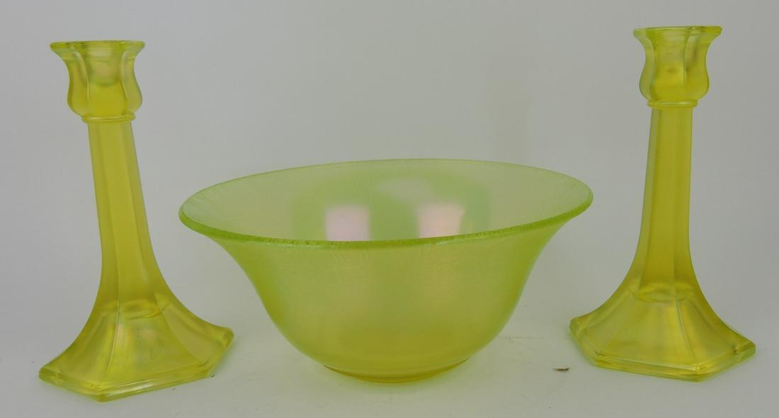 Vaseline stretch glass console set:: 10" bowl, 8 1/2" candlesticks