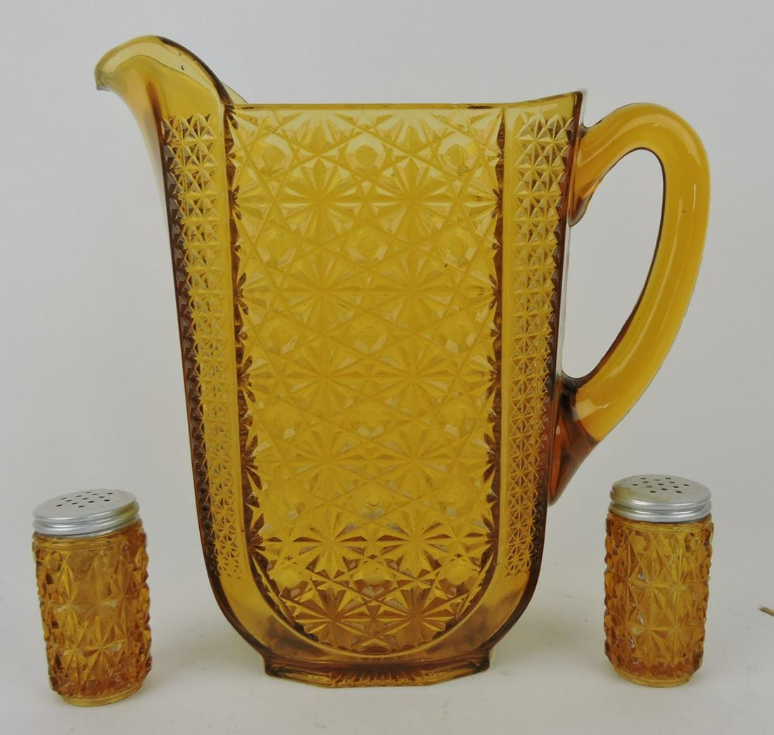 Amber Daisy & Button pitcher and pair of: amber salt & pepper shakers