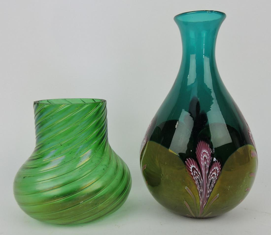 Loetz style art glass vase 4 1/2", and: 7" studio art glass vase