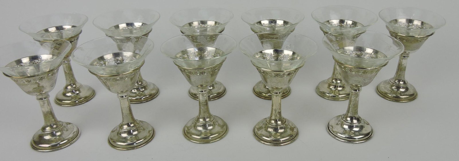 Sterling silver Kirk set of 11 wine: goblets with etched crystal inserts, 11.55oz+