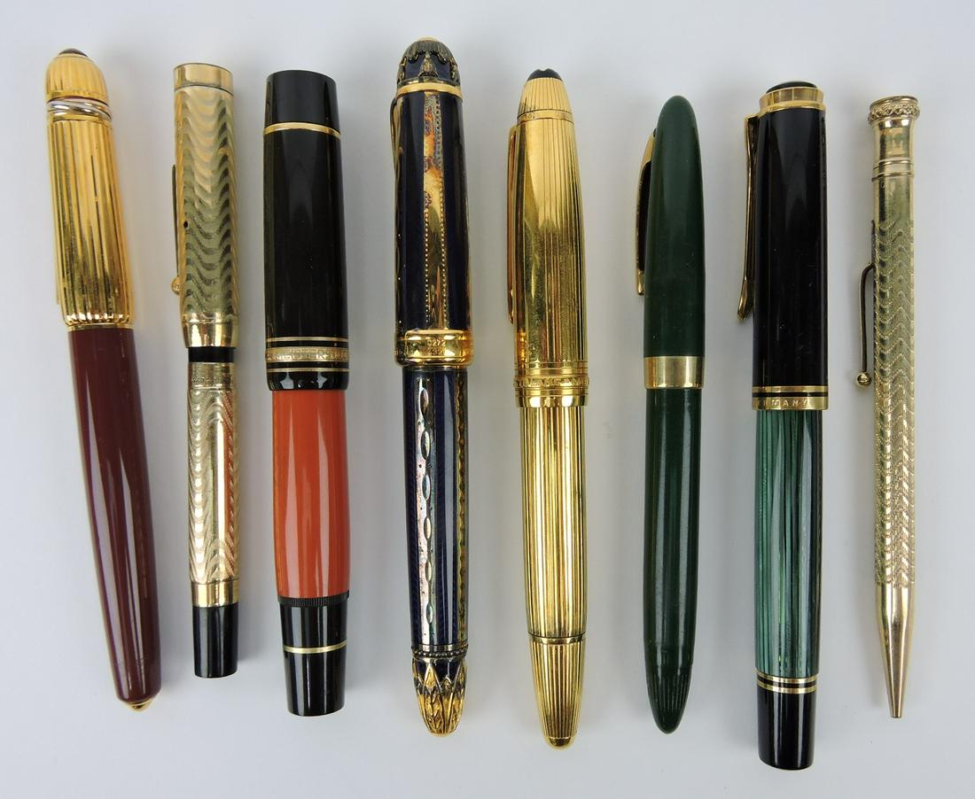 Fountain pen lot of 7 and eversharp pencil: Montblanc Meisterstuck Edition with 18kt gold tip, Montblanc Meisterstuck No 146 with 18kt gold tip, Michael Perchin with 18kt gold tip, Pelikan, Cartier with 18kt gold tip, Morrison's with 14kt gold 