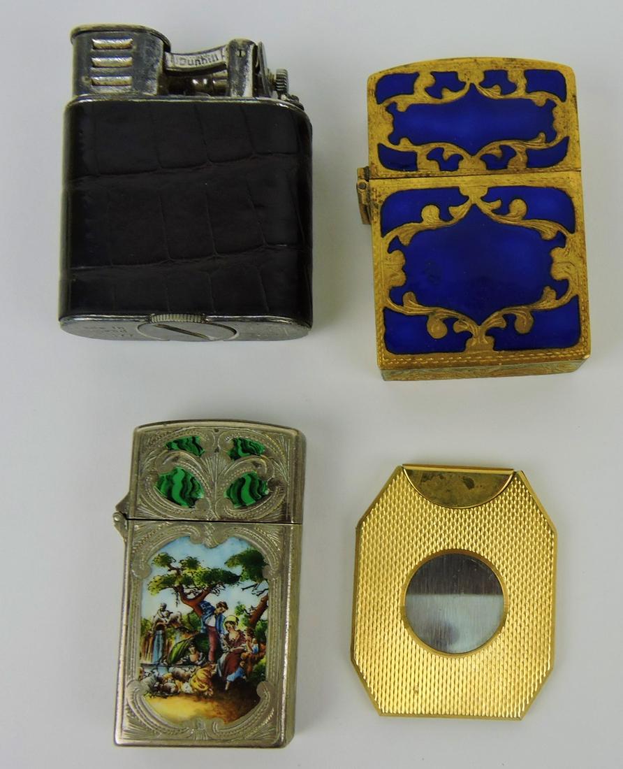 Dunhill alligator vintage cigarette lighter,: 2 enameled cigarette lighter cases, and cigar cutter