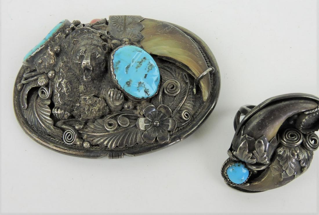 North American Navajo Indian silver: and turquoise belt buckle (missing post on back) signed "F", and ring (missing one stone) signed "F"