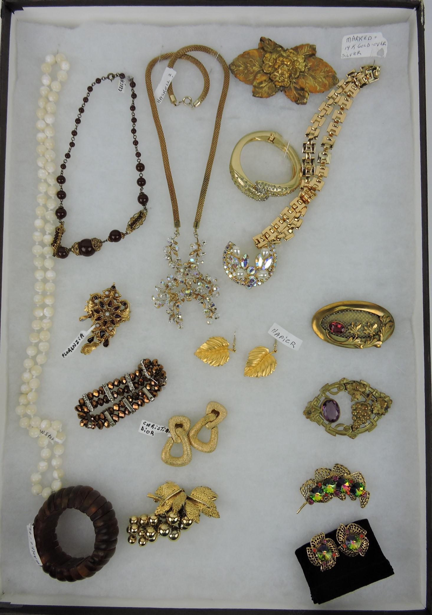 Jewelry tray of items - Napier, Bakelite,: Christian Dior, necklaces, bracelets, brooches, and more