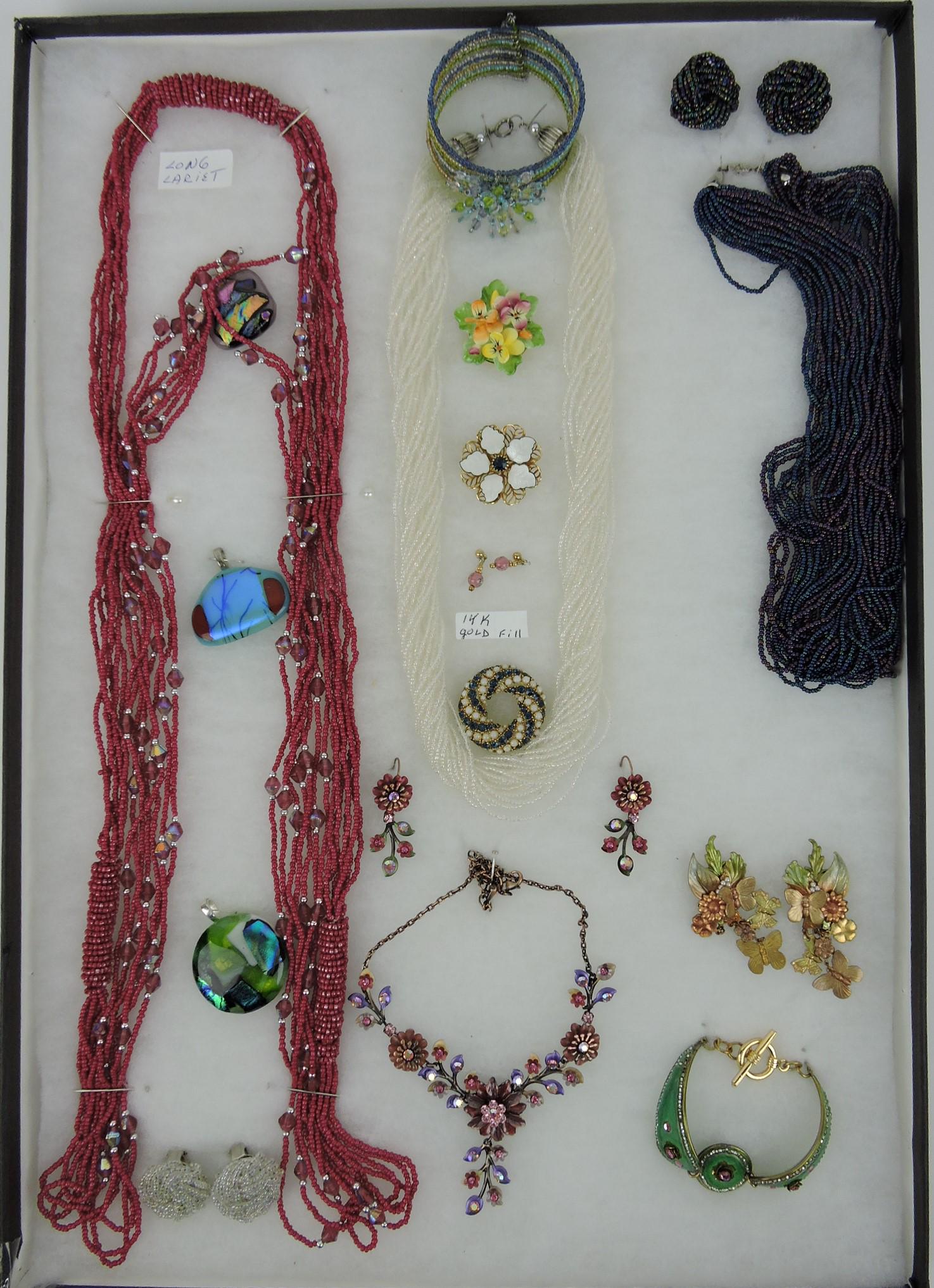 Jewelry tray including beaded items,: enamel necklaces, bracelets, earrings, and more