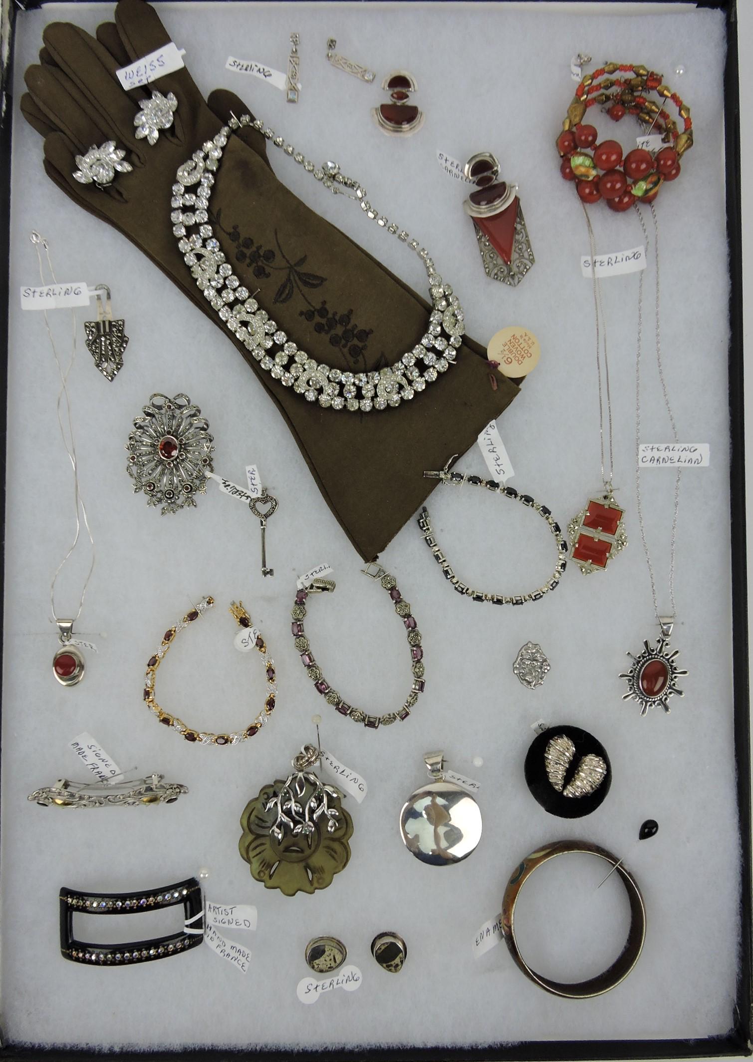 Jewelry tray including sterling silver,: Bakelite, carnelian, Weiss, enamel, French - necklaces, bracelets, earrings, pendants, brooches