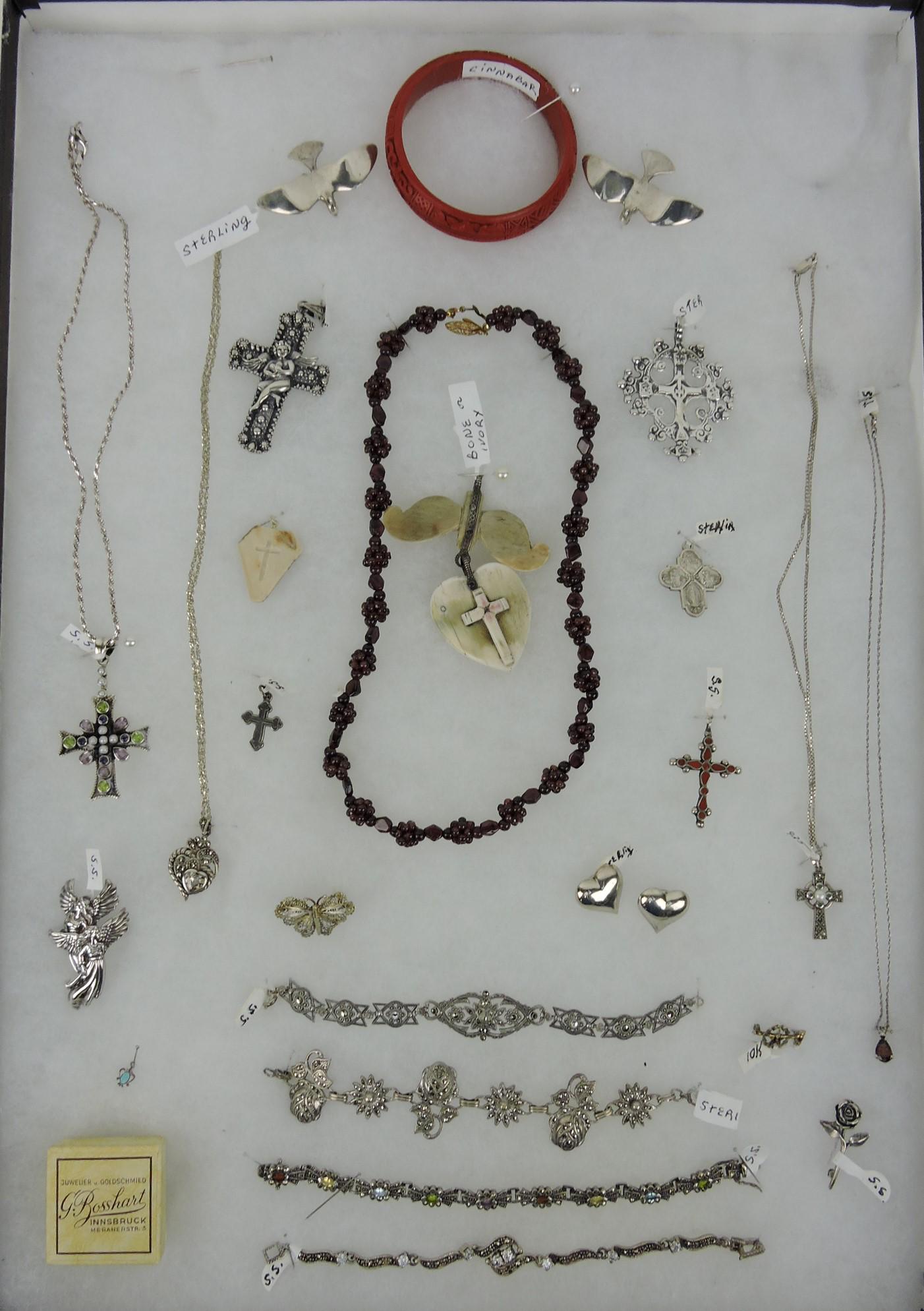 Sterling silver tray of jewelry - crosses,: necklaces, bracelets, earrings, pendants
