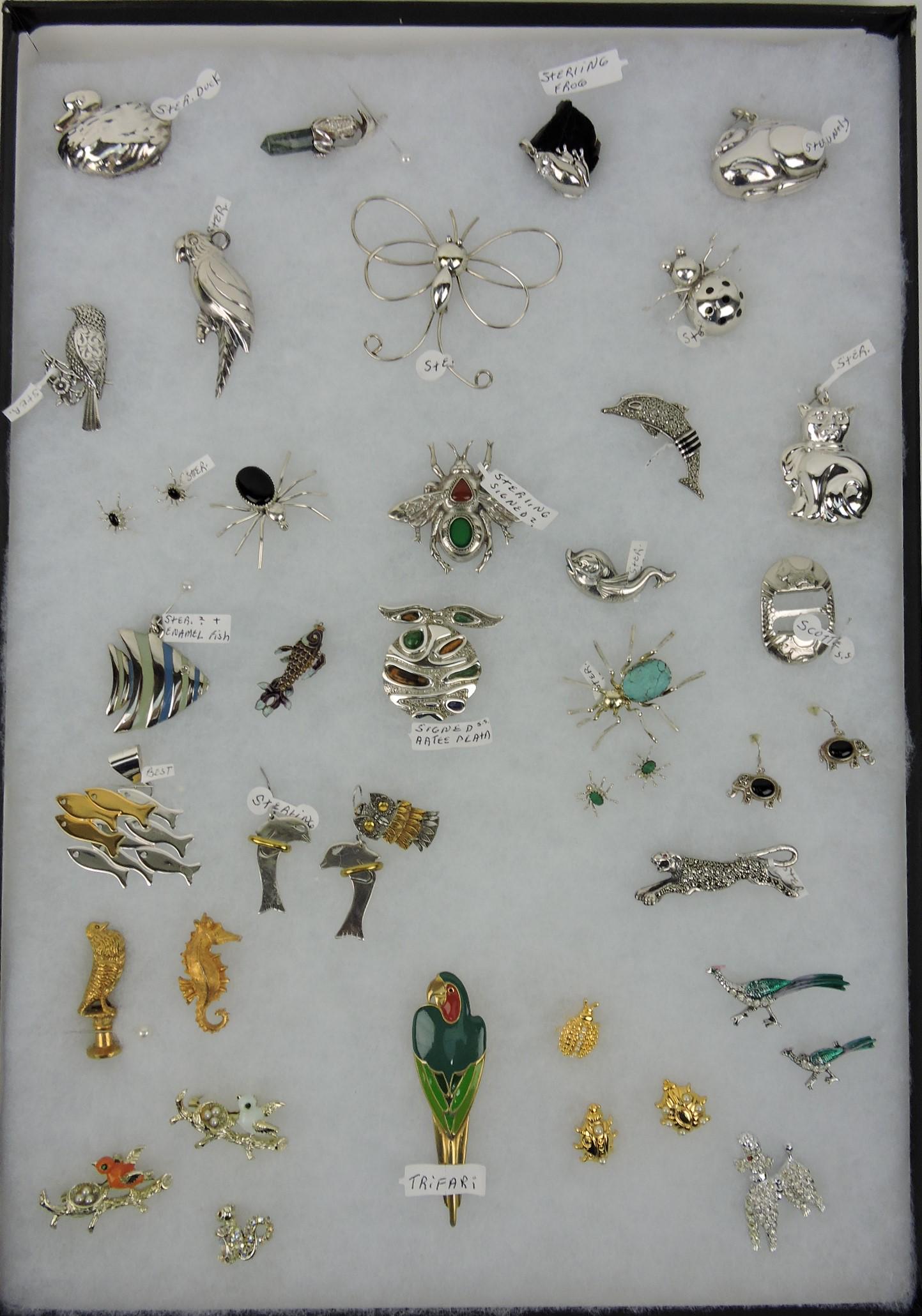 Sterling silver and other material tray of: figural brooches, pendants, earrings - fly, birds, animals, Trifari, some signed, 7.9 ozt