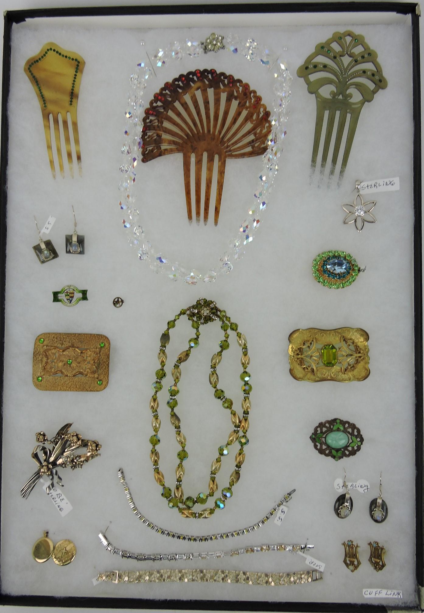 Costume jewelry tray - sterling, haircombs,: necklaces, bracelets, earrings, brooches, Hobe, and more