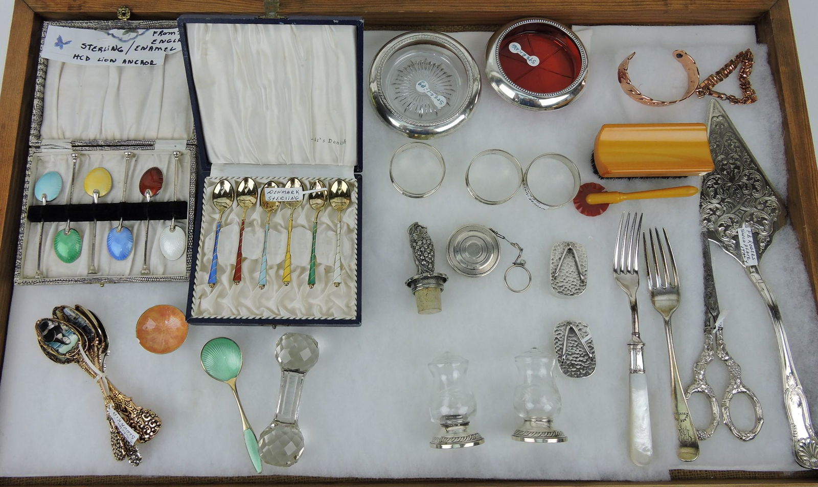 Sterling silver - 2 sets of enameled: demitasse spoons, coasters, salt & pepper shakers, napkin rings, silver plate items, Bakelite brush and crimper, and more