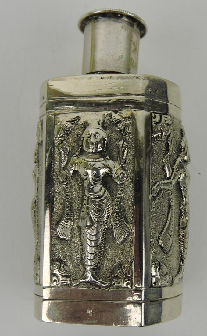 Solid Silver India perfumer/flask with: figures on all 4 sides, 2 3/4"