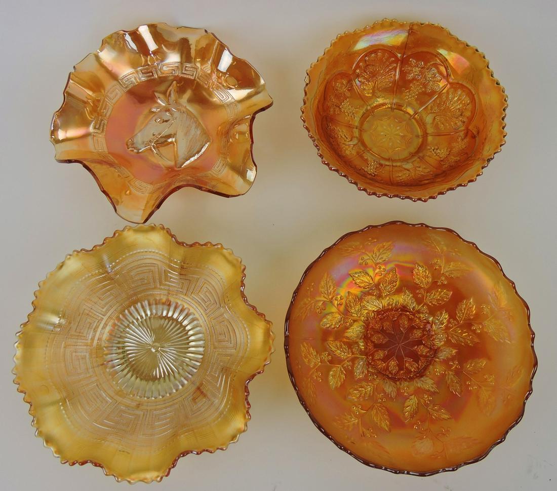 Carnival glass marigold lot of 4 bowls:: Fenton Holly, Northwood Greek Key, Dugan Pony, Peacock & Grape (rim nick)