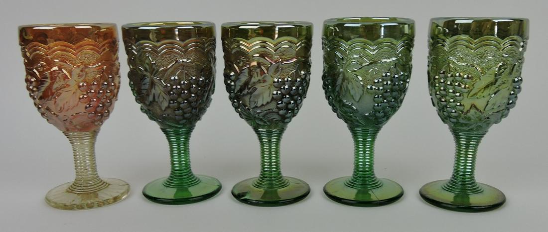 Imperial carnival glass Grape lot: of 5 wine glasses: 1 marigold, 4 green (2 with base nicks)