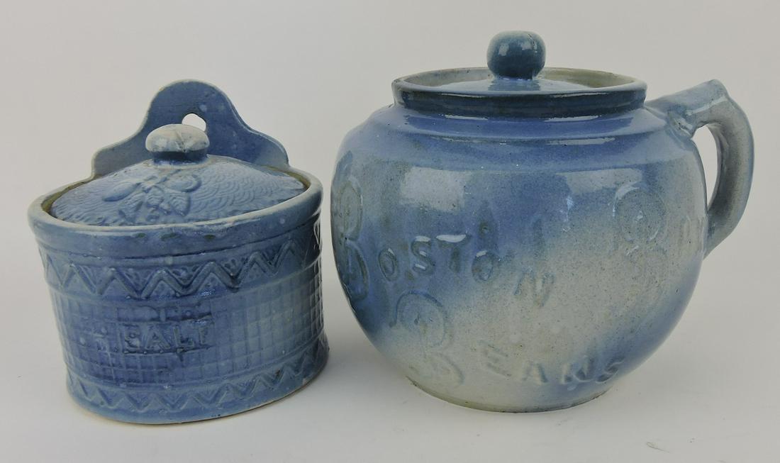 Blue & white salt glaze salt crock and: Boston Baked Beans pot, rim chip to lid of bean pot