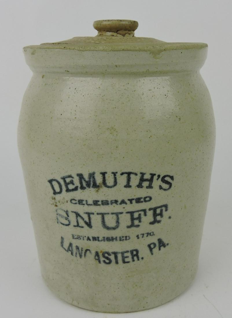 Stoneware crock jar, "Demuth's Snuff, (1 of 4)
