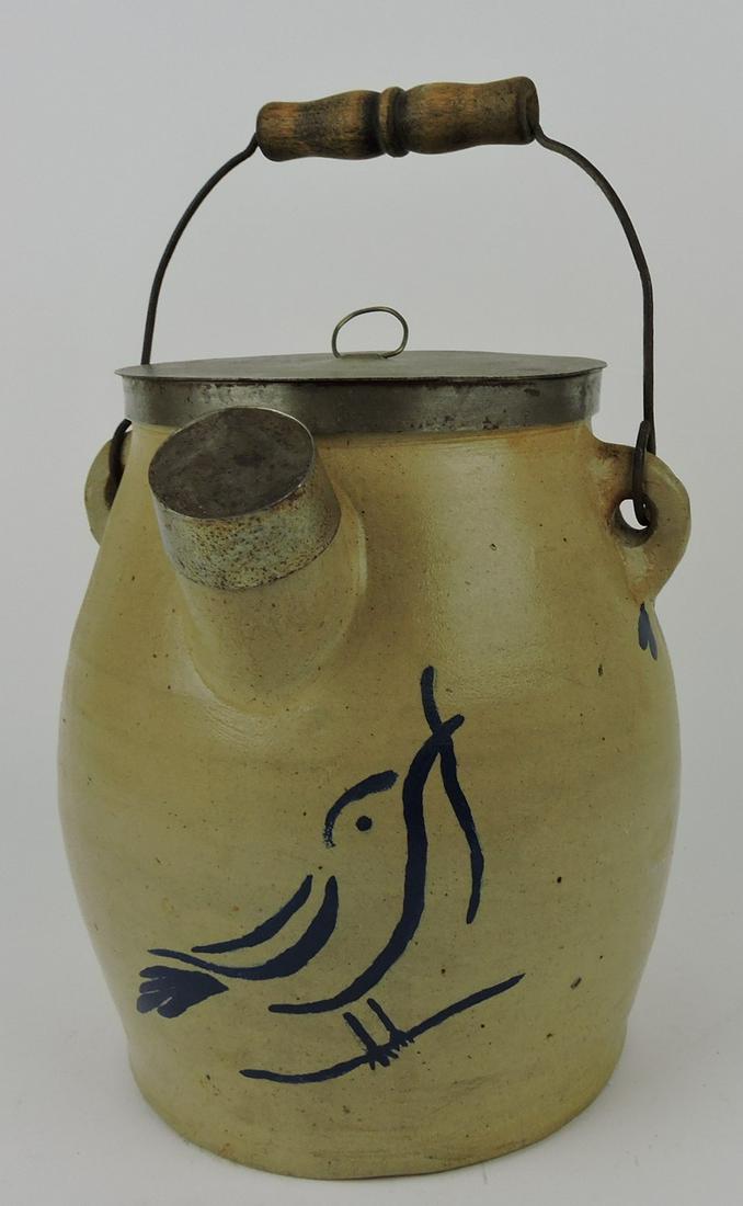 Stoneware salt glaze crock batter jug: with original metal lids and bail handle, #4, 9", blue bird decor