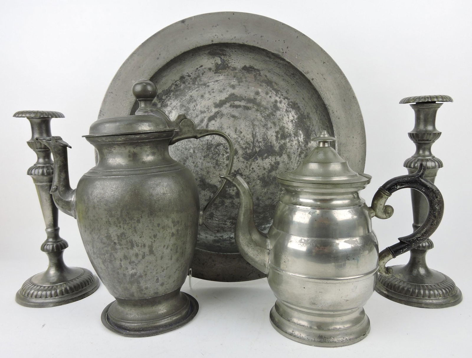 Pewter lot of 5 pieces: early 16" tray, (1 of 3)