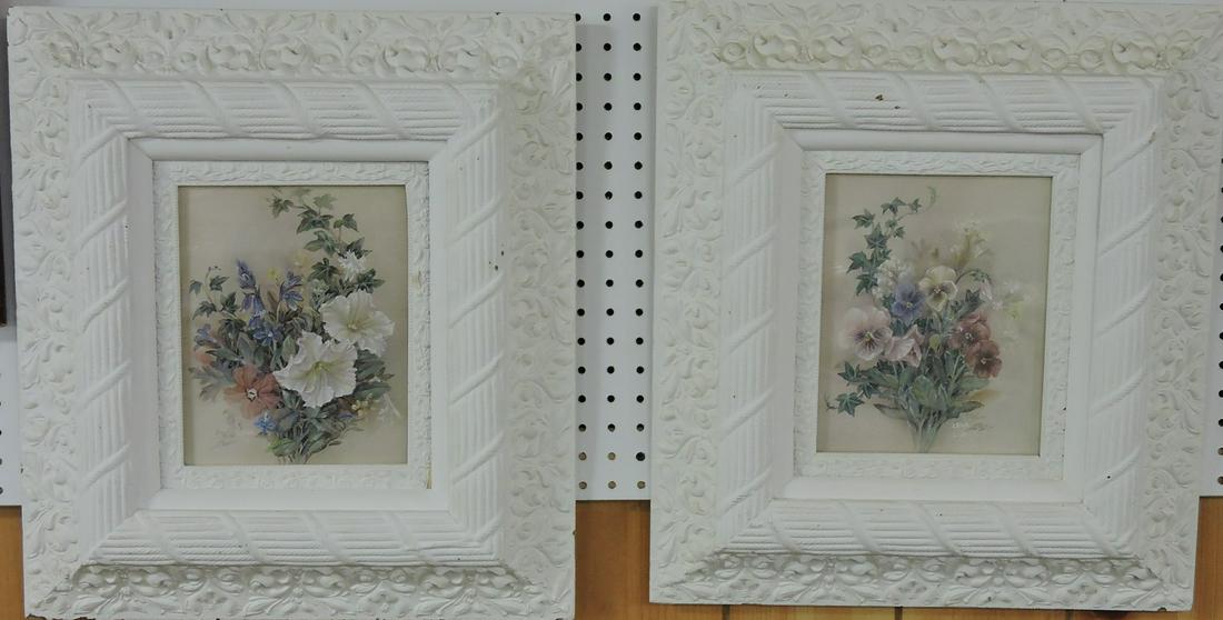 Pair of floral prints signed and numbered: Lean Liu in period white painted frames, 10"x8" image, 21"x19" frame