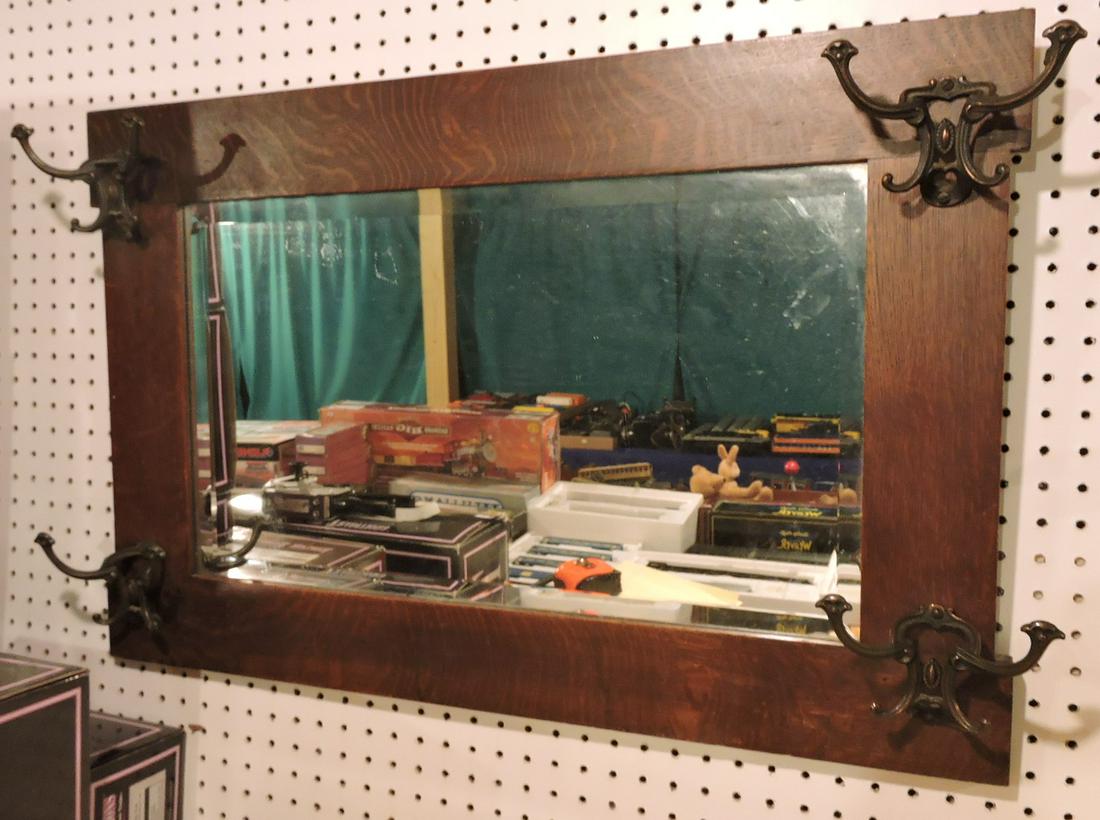 Oak beveled mirror wall hat rack, (1 of 1)